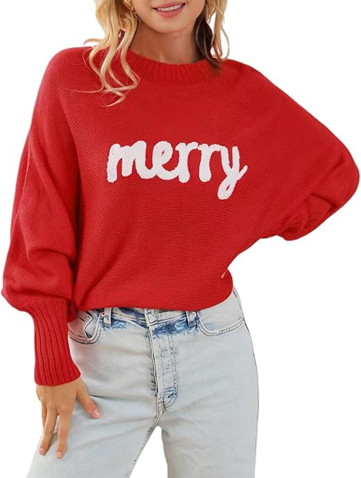 Womens Merry Christmas Sweaters Long Batwing Sleeve Sweater Loose Fit Pullover Top Sweaters | Amazon (US)