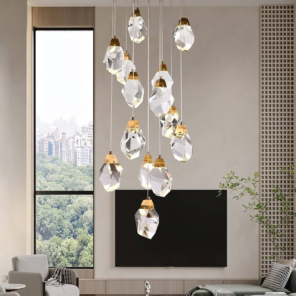 Lamparko Modern Dimmable Chandeliers, Large Brass Pendant Lighting High Ceiling, Raindrop Crystal... | Amazon (US)
