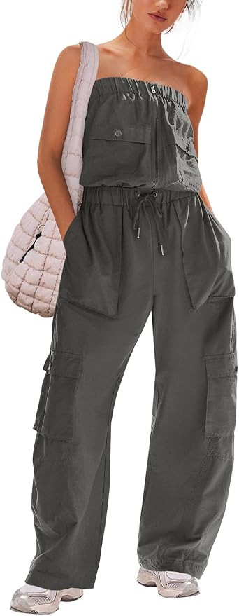 Panadila Women Wide Leg Jumpsuits Cargo Strapless Romper Casual One Piece Outfits Loose Fit Overa... | Amazon (US)