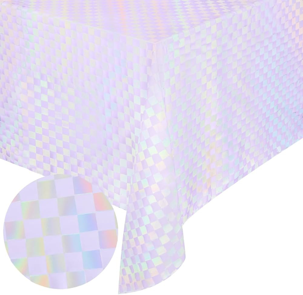 xo, Fetti Purple + Iridescent Checkered Washable Tablecloth - 9 ft. | Unicorn Birthday Party Deco... | Amazon (US)