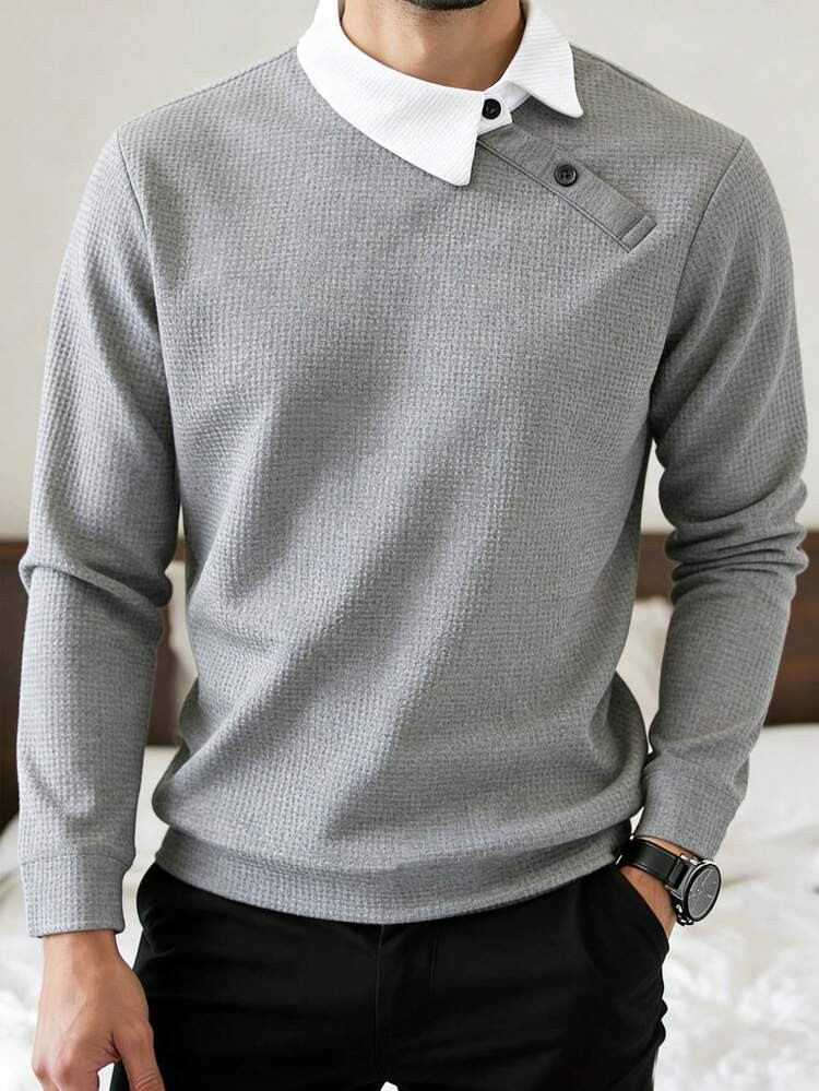 Manfinity Mode Men's Contrast Color Long Sleeve Casual Commuter Versatile Polo Shirt Men Sweater Top Men Buttoned Knitted Polo Grey Top Men Men Knit Tops Jumper For Men | SHEIN