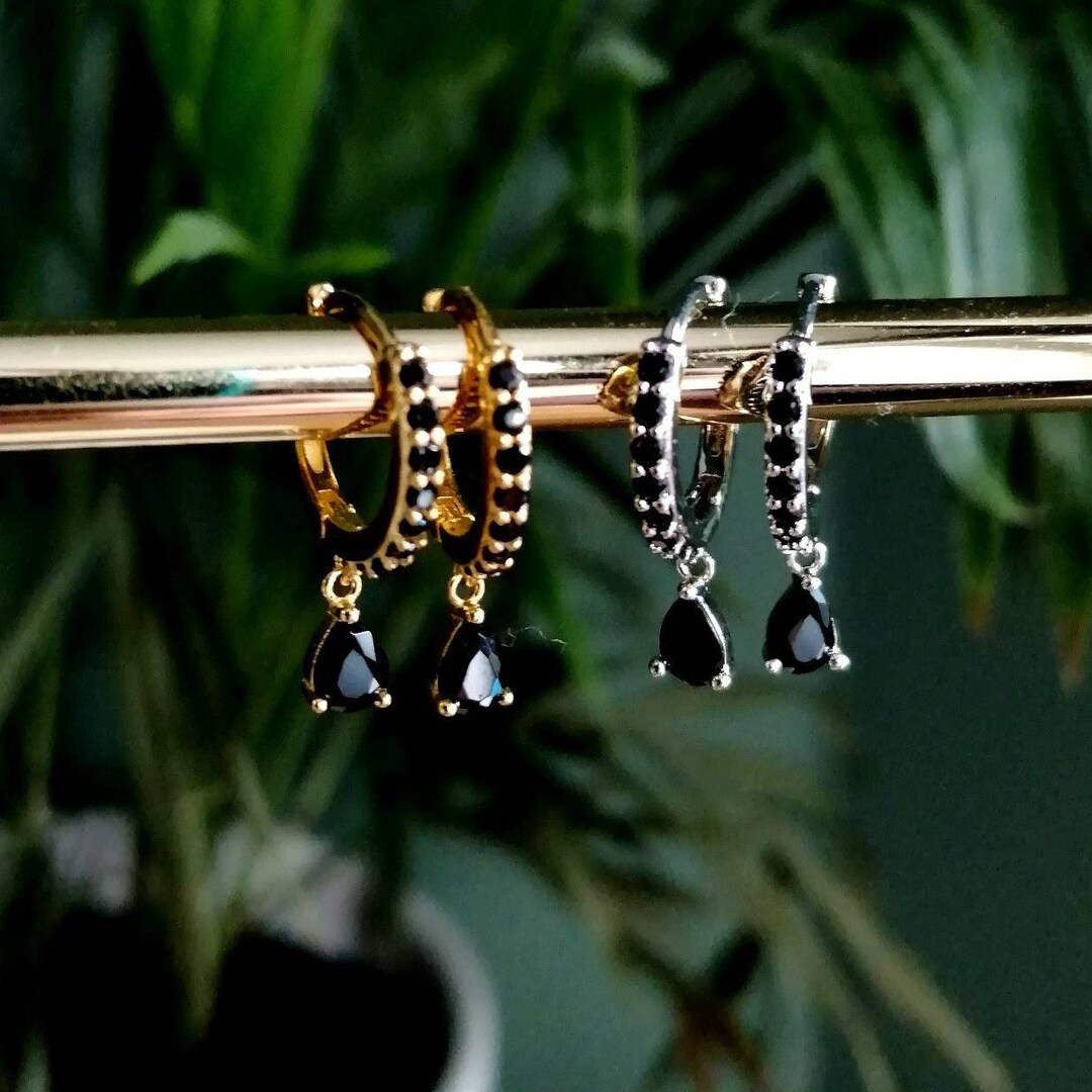 Pavé Black Onyx Pear Cut Huggie Hoops in 14k Gold Vermeil or - Etsy UK | Etsy (UK)
