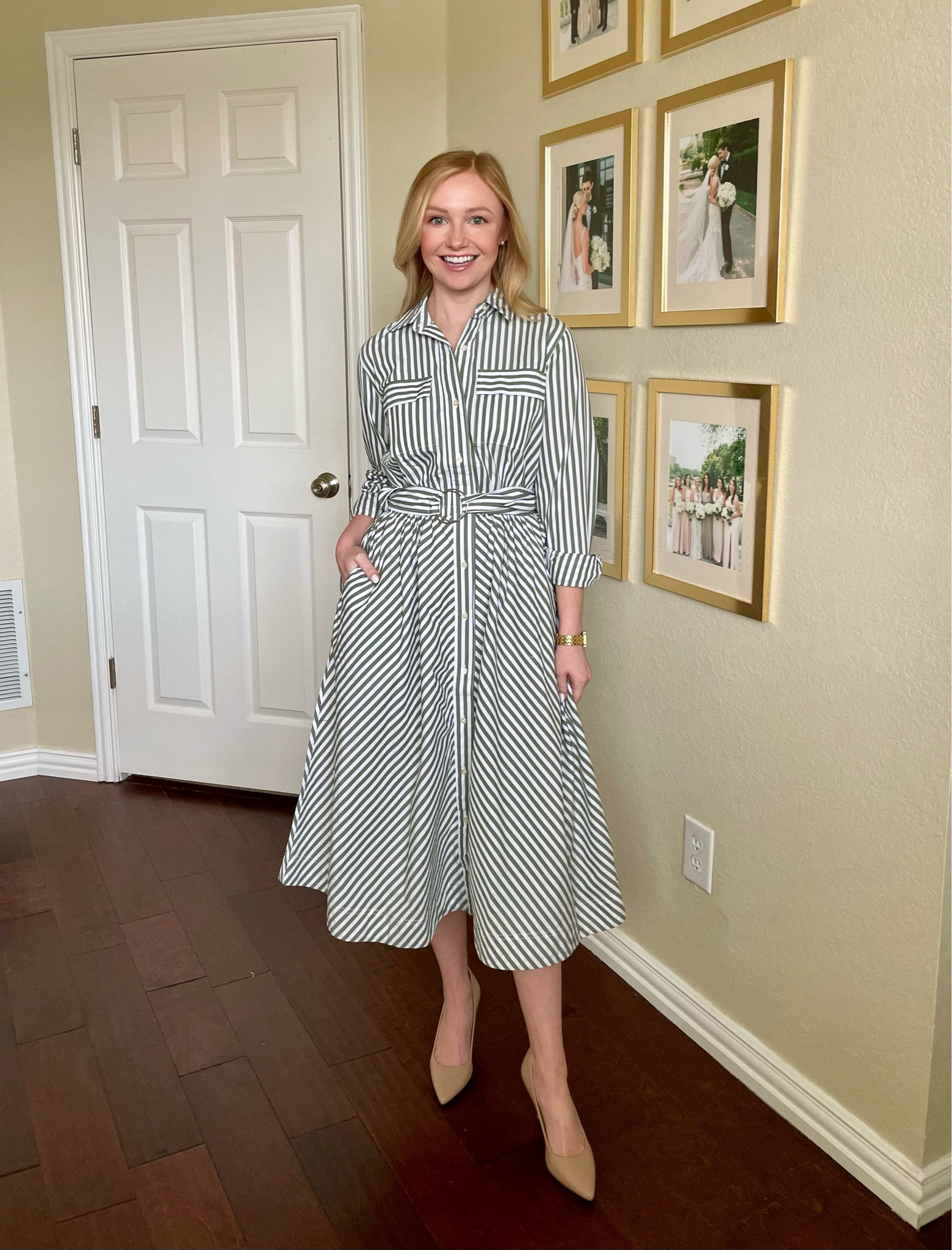 Early spring workwear outfit! This is a great dress for teachers as well! Wearing an XS | spring dress, midi dress, stripe dress, green dress, workwear outfit, office outfit 

#LTKSeasonal #LTKWorkwear #LTKFindsUnder50