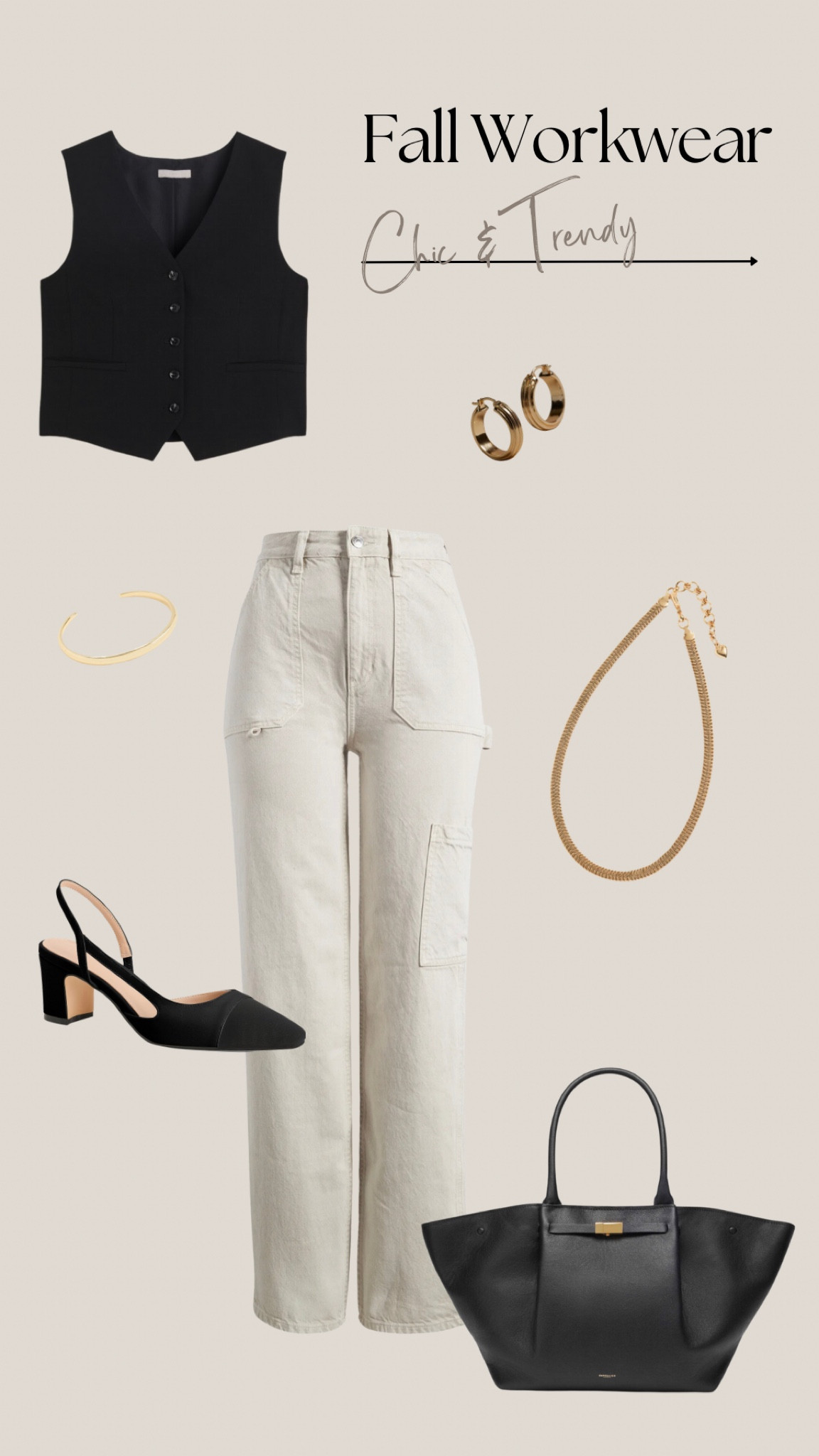 Workwear

Workwear style, gold jewelry, workwear bag, vest, cargo style 

