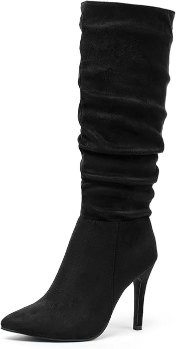 katliu Women Suede Knee High Boots Pointed Toe Stiletto Boot Slouchy Zipper High Heel Boots | Amazon (US)