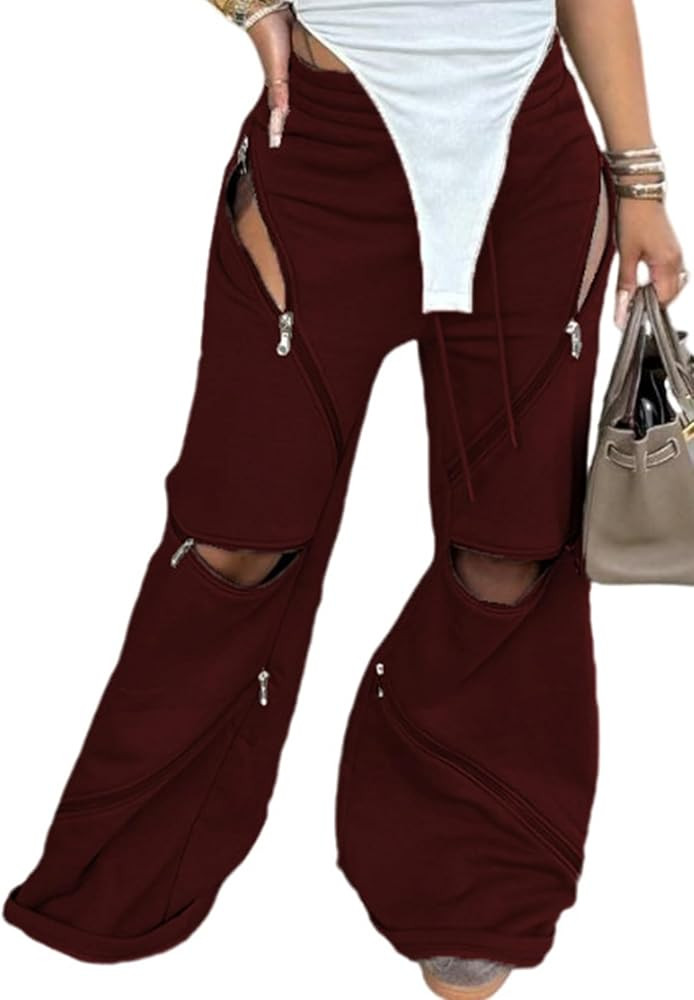 LETSVDO Women's Wide Leg Baggy Sweatpants High Waisted Patchwork Flare Pants Y2k Cut Out Multi Zi... | Amazon (US)