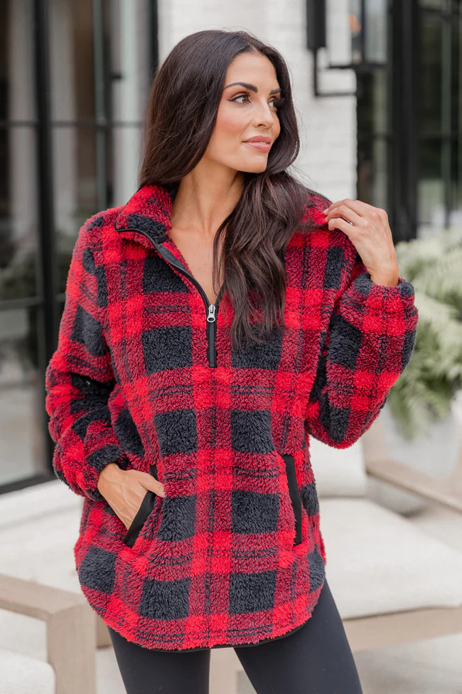 Stay A While Longer Red and Black Plaid Sherpa Pullover | Pink Lily