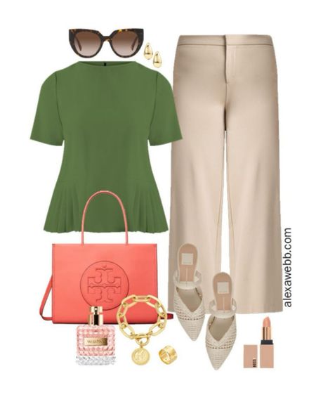 More Plus Size Work Wide Leg Pants Outfits - Part 1 - A plus size business casual outfit for summer with wide leg pants. A plus size olive green peplum style top is paired with a coral tote bag and raffia mules. Alexa Webb #plussize

#LTKStyleTip #LTKWorkwear #LTKPlusSize
