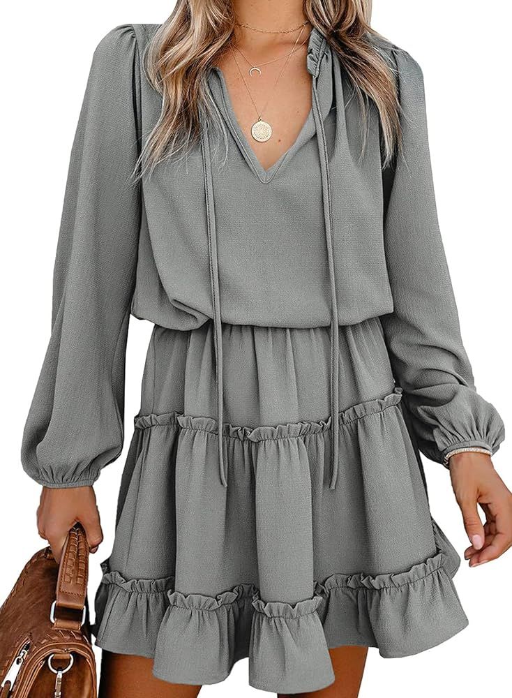 Happy Sailed Womens V Neck Ruffled Layered Chiffon Dress Self Tie Swing Mini Dresses S-XL | Amazon (US)