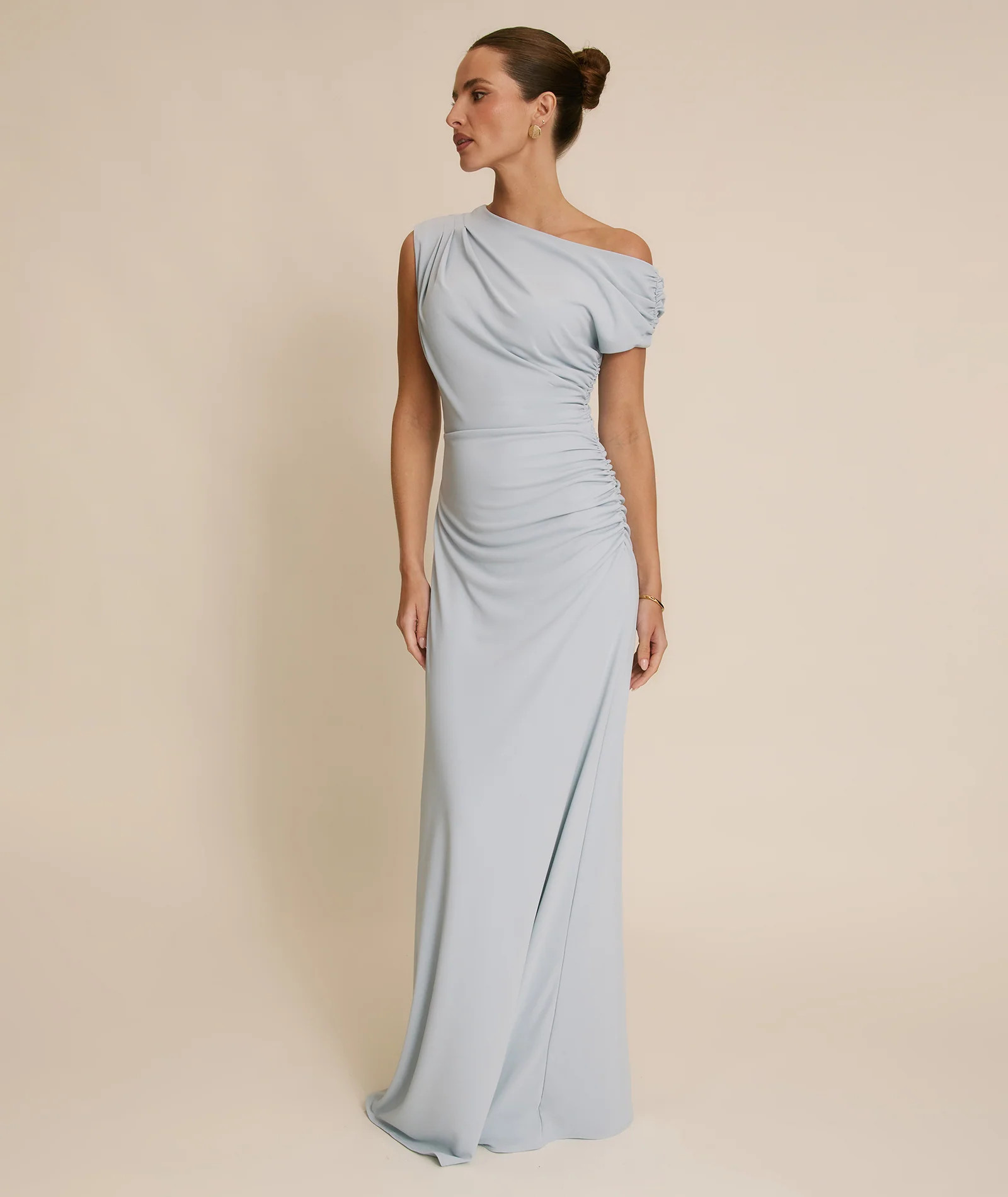 Asymmetric Neck Stretch Sculpt Bridesmaid Dress - Pale Blue | Six Stories