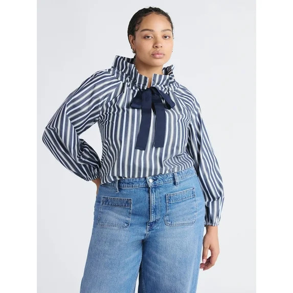 Free Assembly Women's and Women's Plus Size Ruffle Neck Cotton Top with Long Sleeves, XS-4X | Walmart (US)