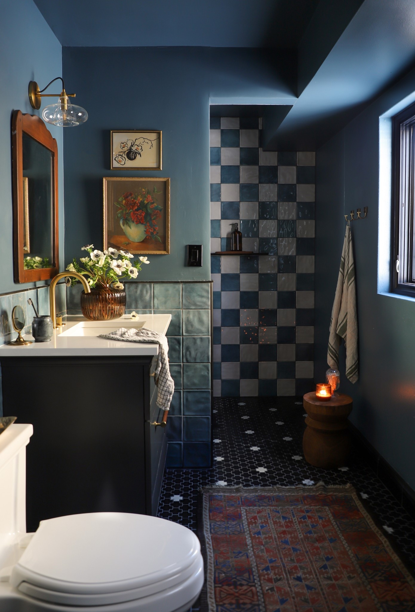 My favorite blue bathroom! All the lights and fixtures are from Kohler, and tile is from The Tile Shop (very similar blue/white ones tagged below). Art and mirror are vintage!

#LTKHome