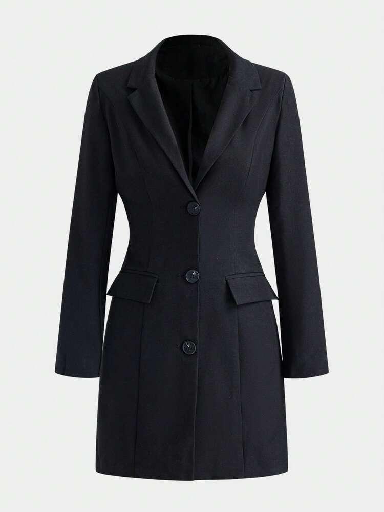 Women's Fashion Black Long Sleeve Short Jacket, Pointed Collar, Front Button Details And Practica... | SHEIN