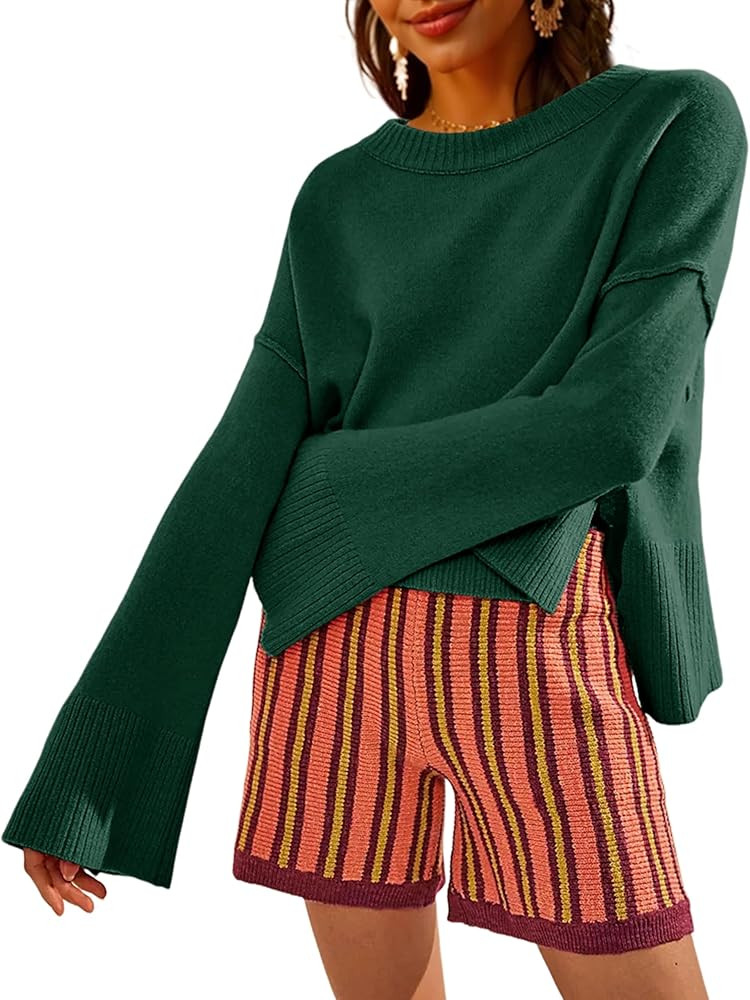 Sweaters for Women Bell Long Sleeve Crewneck Side Slit Fall Winter Casual Oversized Pullover Knit... | Amazon (US)