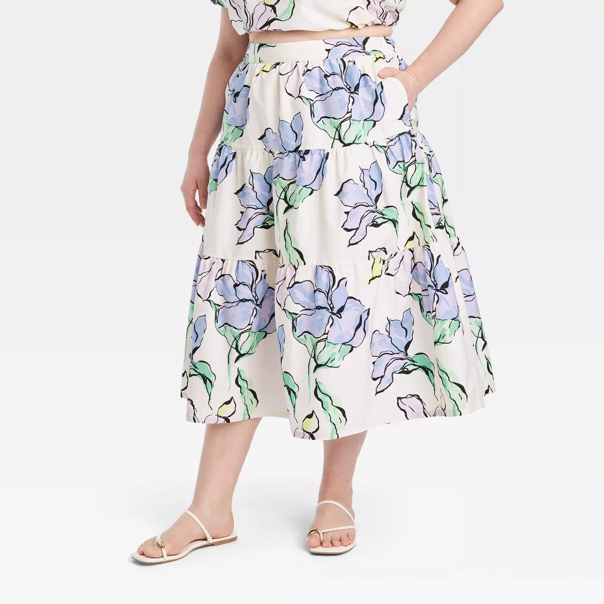 Women's A-Line Midi Skirt - A New Day™ White Floral XXL | Target