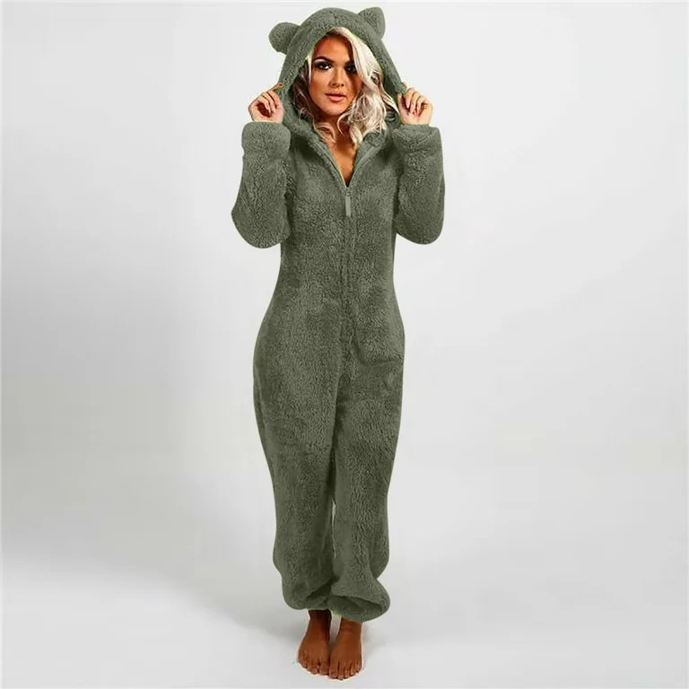 Hooded Fleece Solid Color Jumpsuit,Women Winter Warm Furry Sherpa Romper Fleece Onesies Pajama On... | Walmart (US)