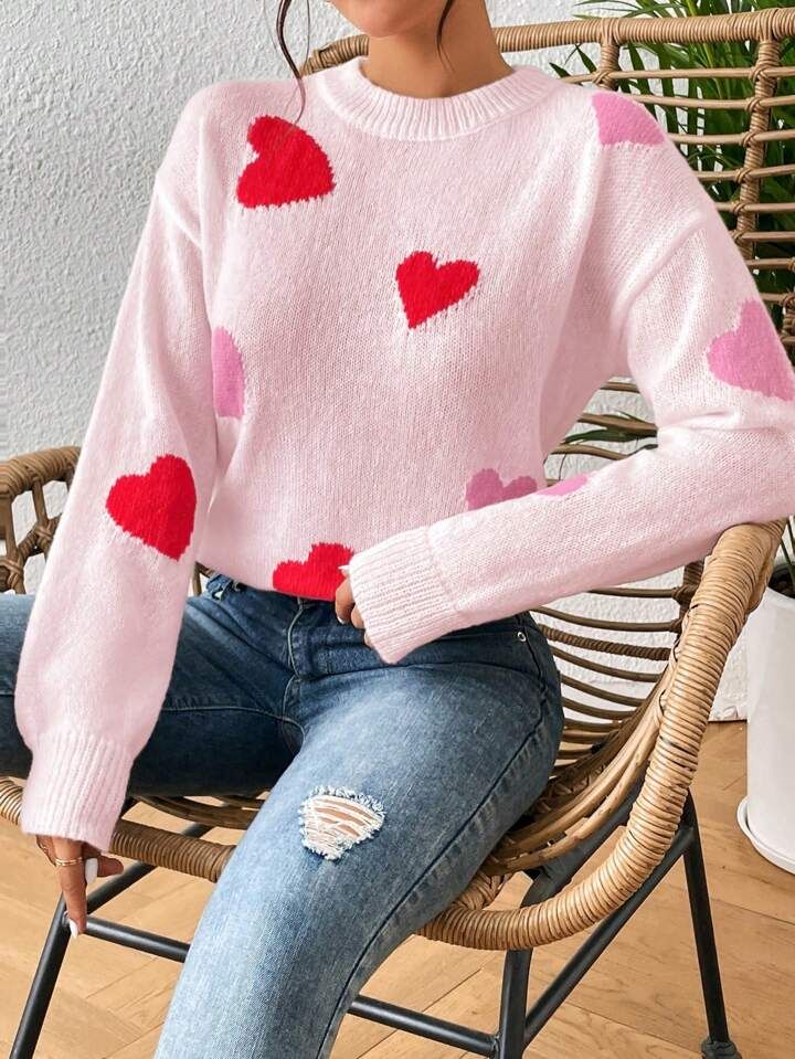 SHEIN Qutie Women's Heart Pattern Drop Shoulder Sweater | SHEIN