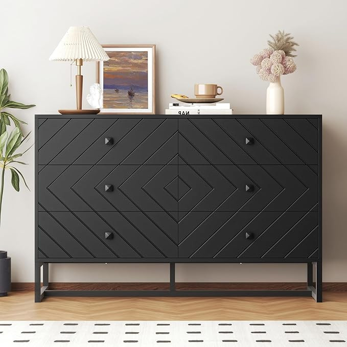 Black Dresser for Bedroom with 6 Drawers, Wood Dresser with Metal Handles, Wide Chest of Drawers,... | Amazon (US)
