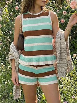 Tankaneo Womens 2 Piece Sweater Short Sets Knit Summer Casual Striped Sleeveless Peplum Tank Top ... | Amazon (US)
