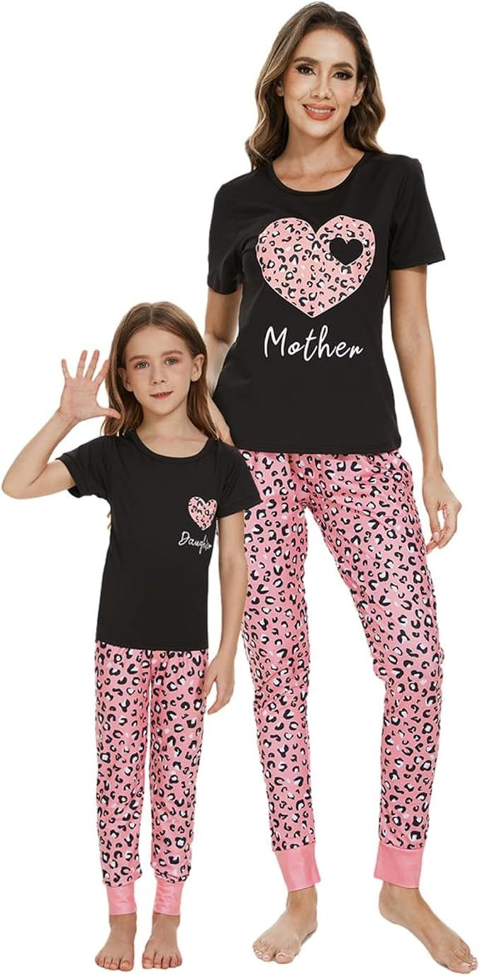 MyFav Mommy and Me Pajamas Heart Print Sleepwear Family Matching Short Sleeve Nightwear | Amazon (US)