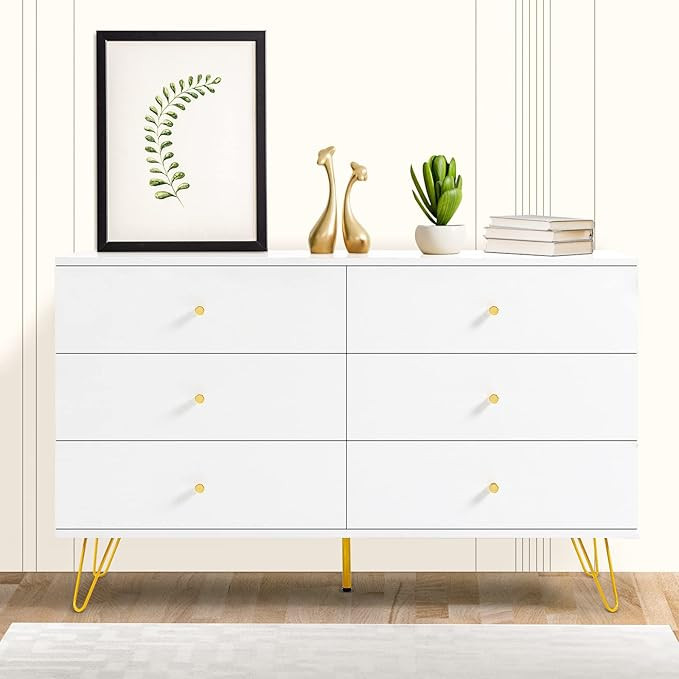 REHOOPEX White Dresser for Bedroom, 6 Drawers Modern Storage Dresser, Chest of Drawers with Gold ... | Amazon (US)