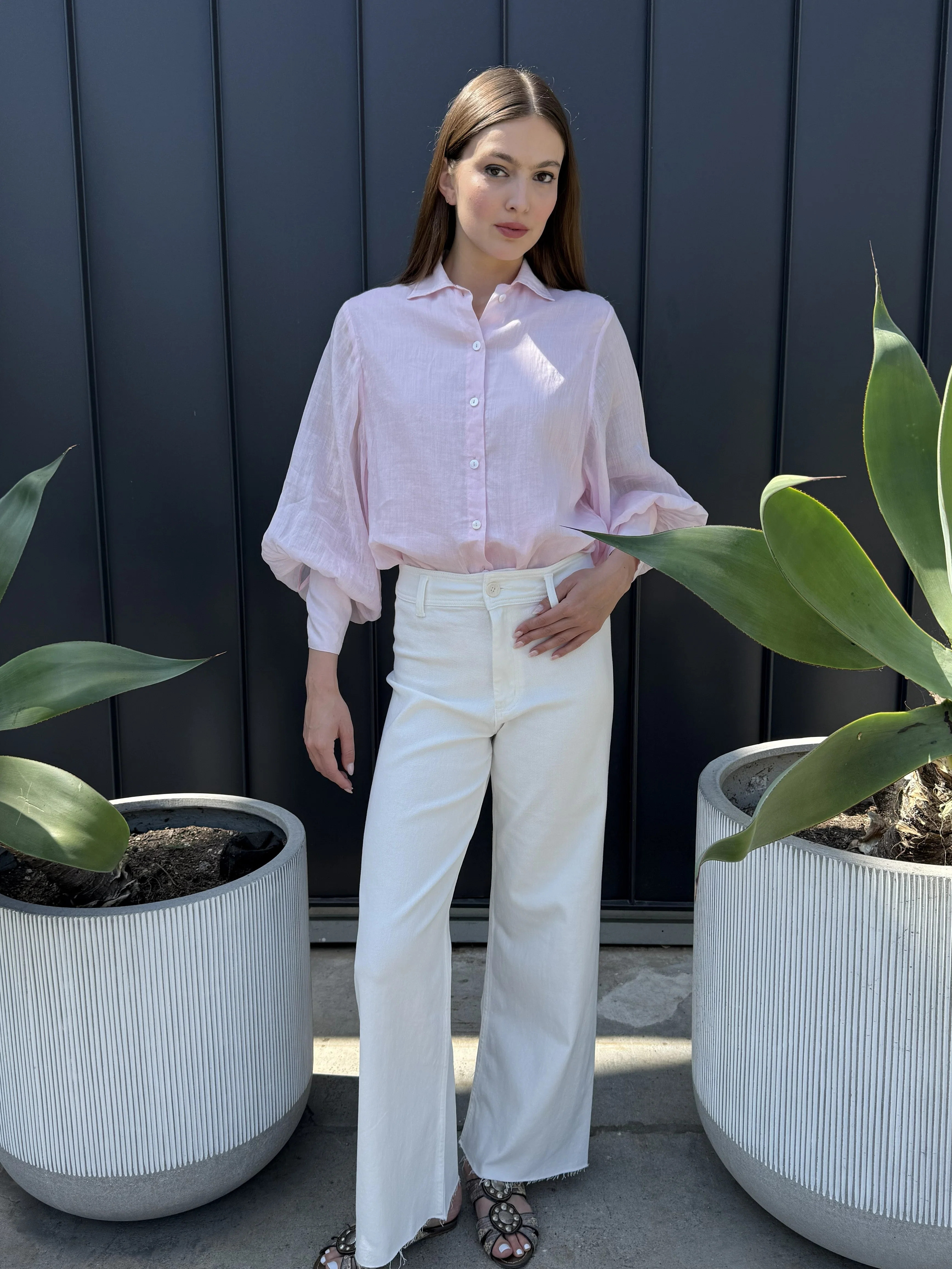 Carmine Long Puff Sleeve Collared Button Up Top-Light Pink | Benaar La