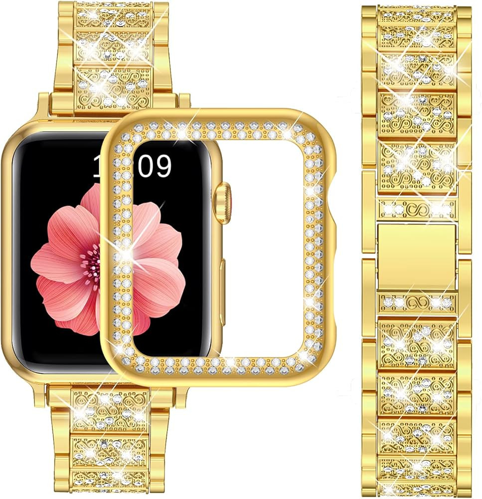 SUPOIX Compatible with Apple Watch Band 44mm + Case, Women Jewelry Bling Diamond Metal Strap & 2 ... | Amazon (US)