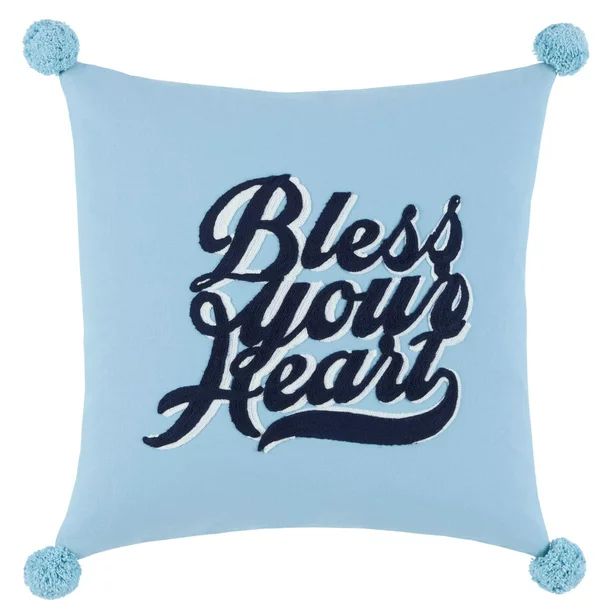 Wanda June Home Crewel Emblem with Pom Pom Pillow by Miranda Lambert, Blue, 18"x18" - Walmart.com | Walmart (US)