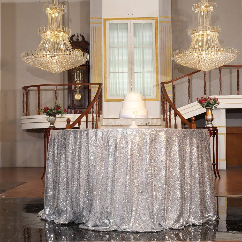 PartyDelight Silver Sequin Tablecloth Round 108" Table Linen for Wedding, Banquet, Party | Amazon (US)