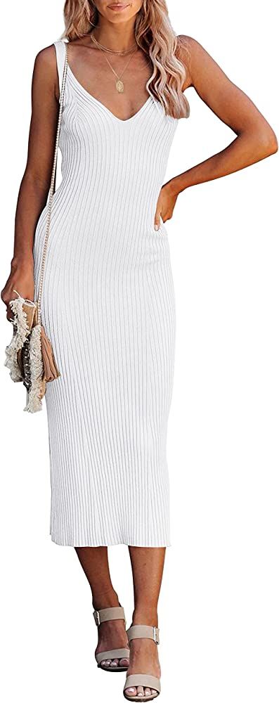 MEROKEETY Womens 2023 Summer V Neck Knit Midi Dress Bodycon Sleeveless Ribbed Sweater Dresses | Amazon (US)