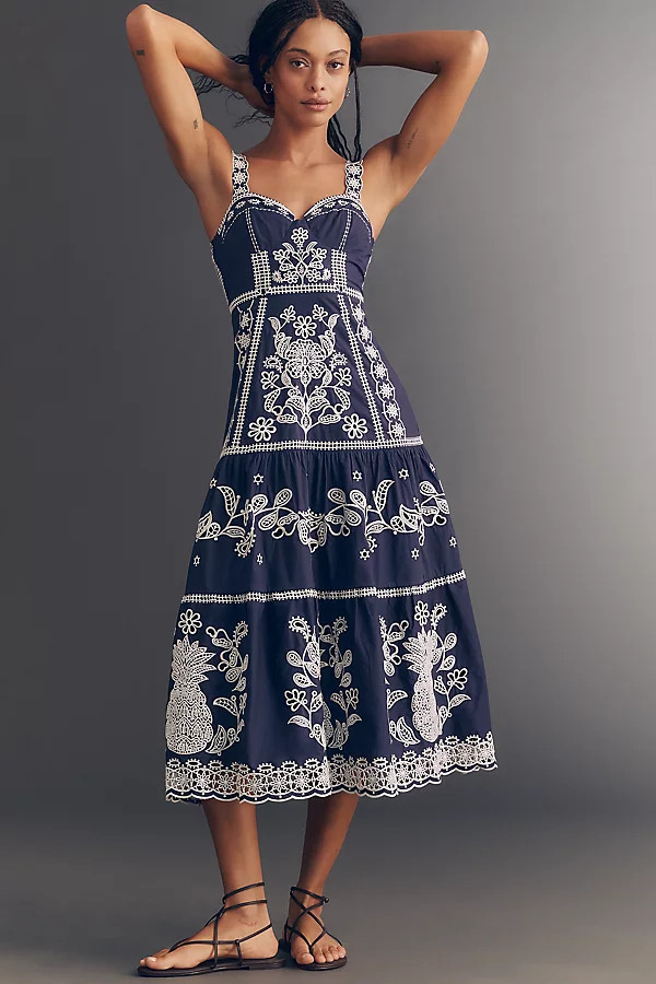 Blue and White Embroidered Midi Dress | Anthropologie (US)