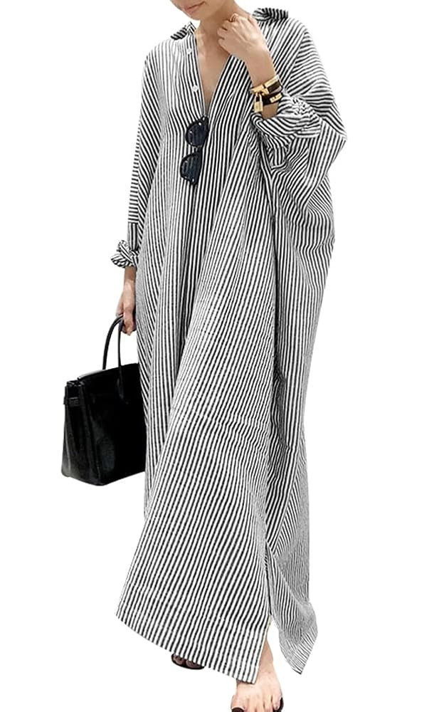 chouyatou Women's Casual Long Sleeve Button Down Loose Striped Cotton Maxi Shirt Dress | Amazon (US)