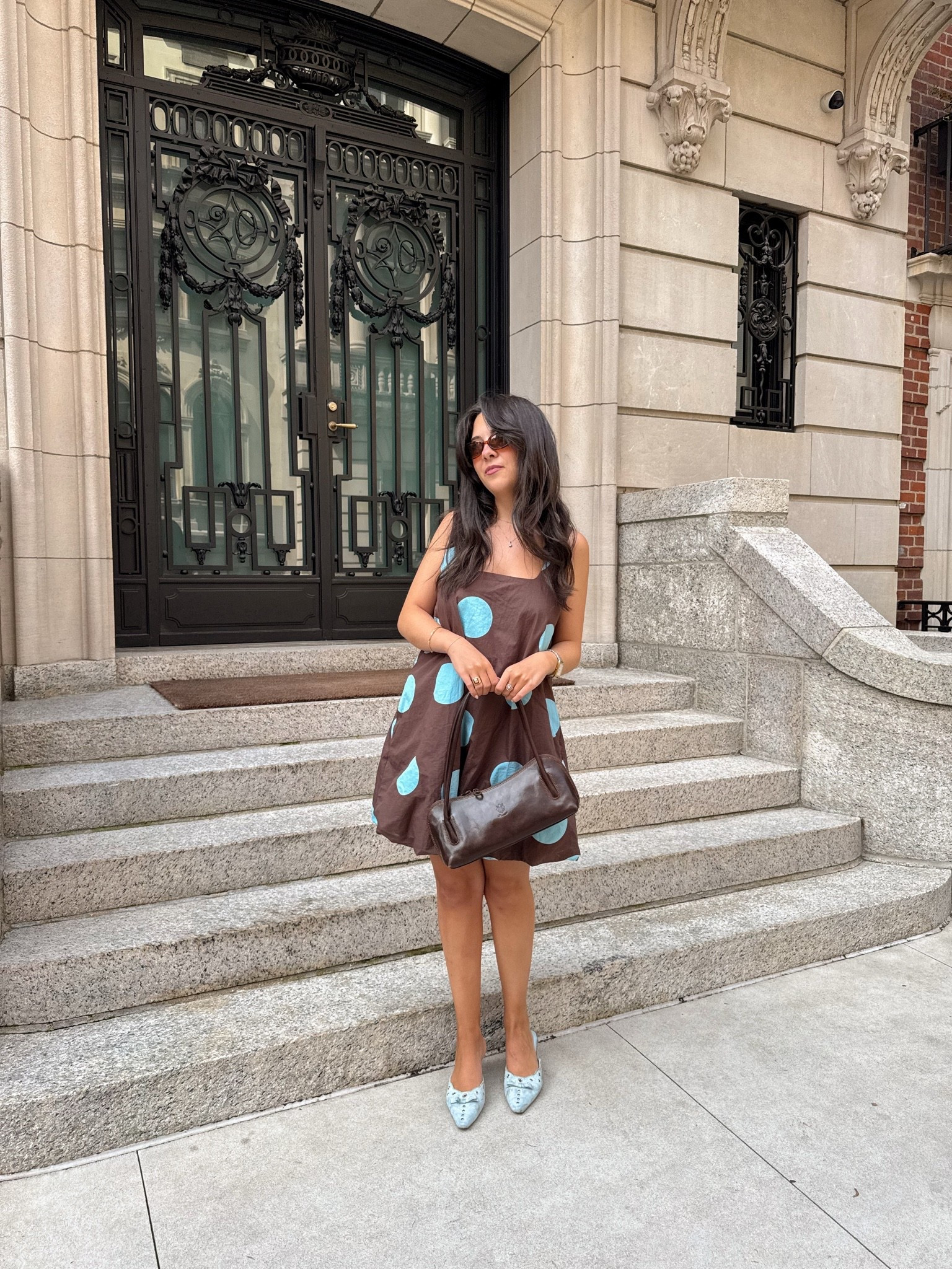 The color combo I didn’t know I needed 🩵🤎 Styling this chocolate brown polka dot mini dress with baby blue pointed-toe flats and a structured brown bag for an easy end-of-summer look that still feels ready for fall. Perfect for brunch, date night, or a late summer day in the city.

#LTKootd #LTKSeasonal