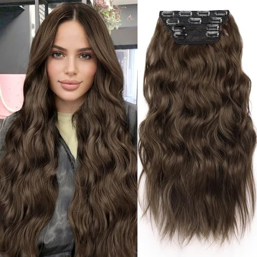 KooKaStyle Clip in Hair Extensions 4PCS Thick Hairpieces Medium Brown Hair Extensions for Women Weft Natural Synthetic Hair Extensions 20 Inch Daily Use | Amazon (US)