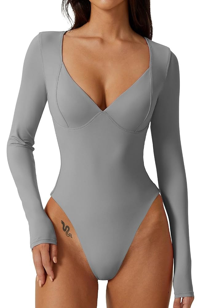 QINSEN Women's Long Sleeve Bodysuit V Neck Body Suits Seamed Cup Going Out Tops Shirt | Amazon (US)