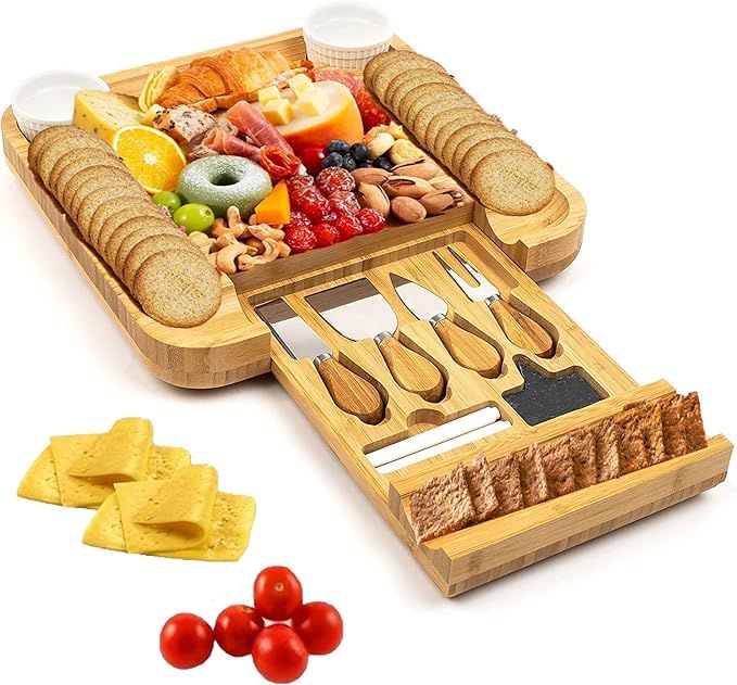 Bamboo Cheese Board & Cutlery Set - Large Charcuterie Board Set Cheese Platter with Slide-Out Dra... | Amazon (US)