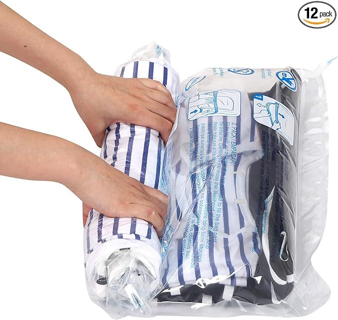 12 Travel Compression Bags, Hibag 12-Pack Roll-Up Space Saver Storage Bags for Travel, Suitcase S... | Amazon (US)