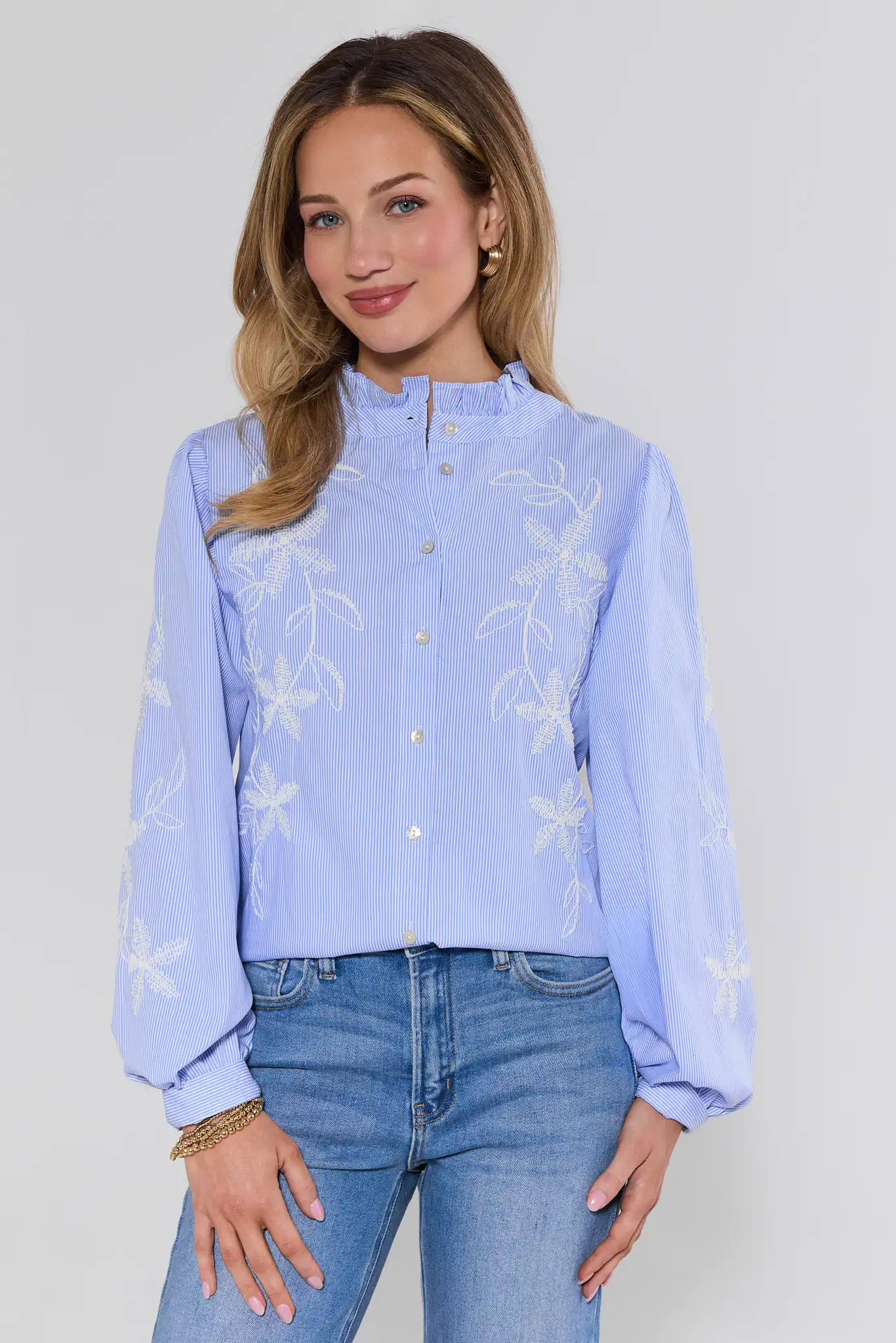 Esther Blue Embroidered Button Up Top | Avara