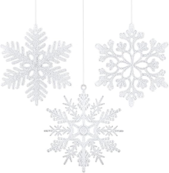 36 Pcs White Glitter Christmas Snowflake Ornaments, 4 Inch Plastic Snow Flakes Hanging Xmas Tree ... | Amazon (US)