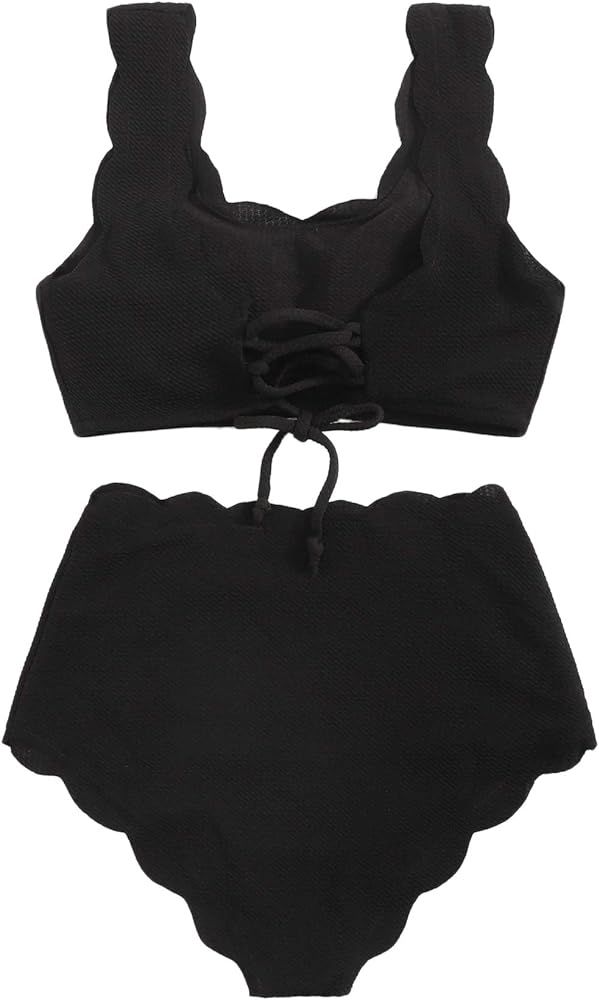 Women's 2 Pieces Swimsuit High Waist Scalloped Trim Lace Up Bikini Set | Amazon (US)