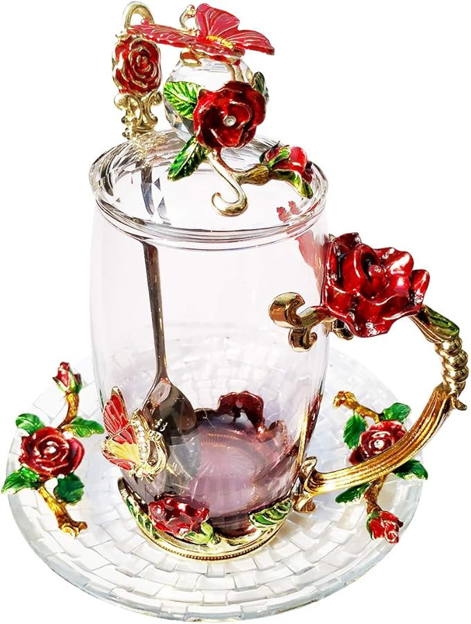LANTREE Fancy Glass Tea Cup with Lid Saucer Spoon Floral Coffee Mug Unique Christmas Gift Birthda... | Amazon (US)