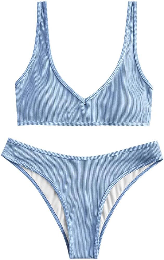 ZAFUL Women's Scoop Neck Padded Printed High Cut Bikini Set Two Piece Swimsuit | Amazon (US)