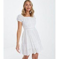 QUIZ White Broderie Square Neck Mini Dress New Look | New Look (UK)