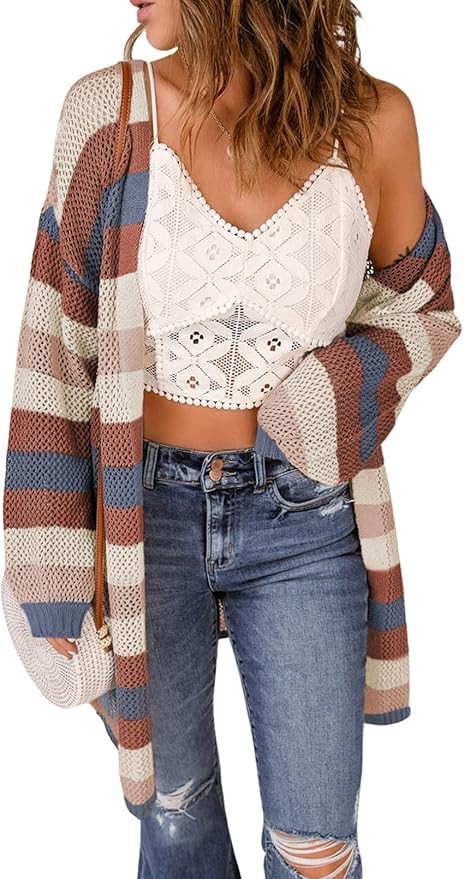 SHEWIN Womens Crochet Cardigan Sweater Open Front Striped Color Block Long Sleeve Outerwear | Amazon (US)