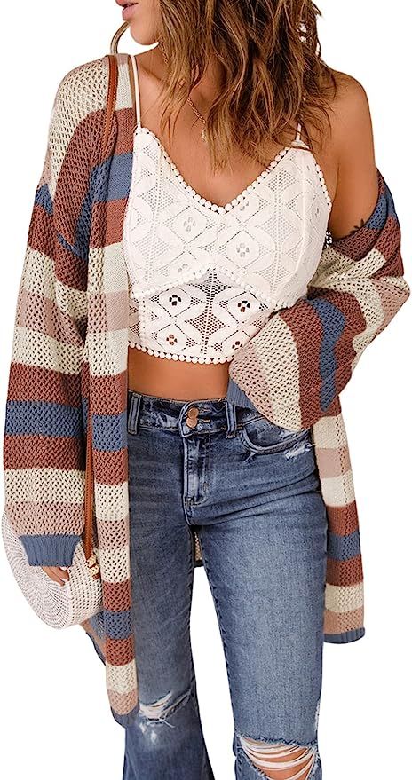 SHEWIN Womens Crochet Cardigan Sweater Open Front Striped Color Block Long Sleeve Outerwear | Amazon (US)