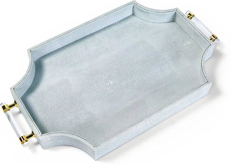Shagreen Vegan Leather Scallop Edges Serving Tray for Drinking & Food, Wooden Tray with Acrylic H... | Amazon (US)
