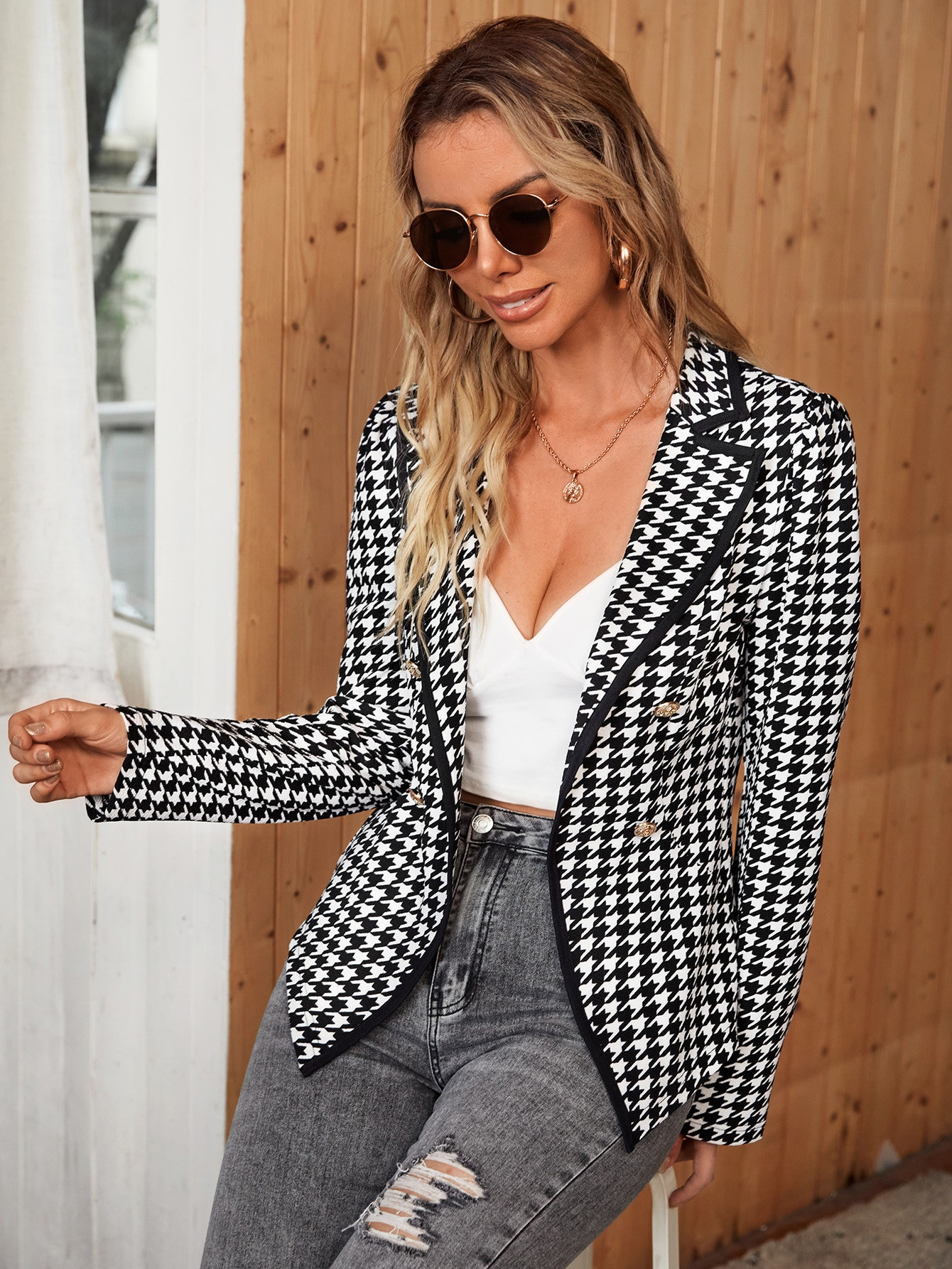 Women's Houndstooth Double Breasted Contrast Binding Coat 22112W49216 | Walmart (US)