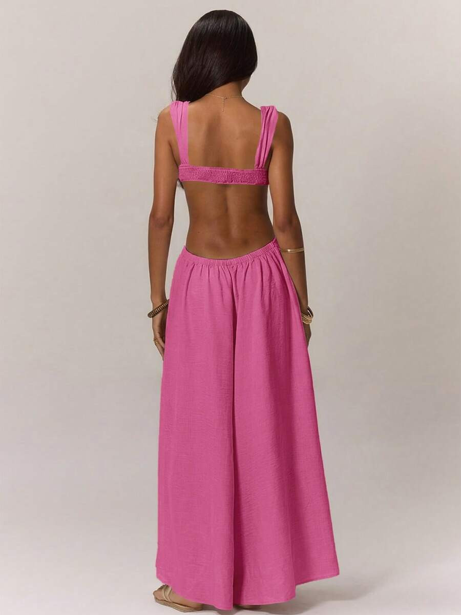 MUSERA Ruched Bust Extreme Wide Leg Jumpsuit Summer Vacation Boho Summer Vacation Wear Holiday We... | SHEIN