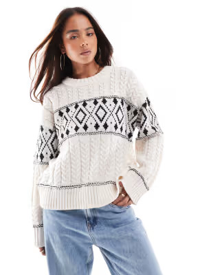 ONLY round neck argyle knitted jumper in white | ASOS (Global)