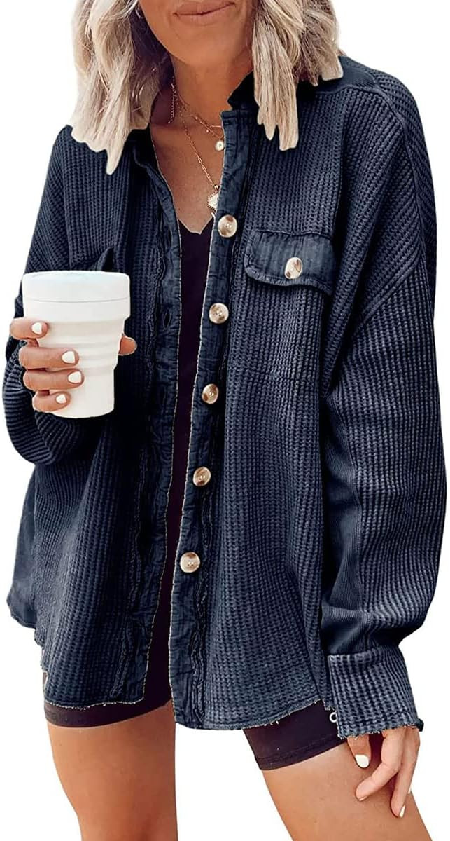 ebossy Womens Long Batwing Sleeve Splicing Cardigan Lightweight Waffle Textured Boyfriend Shirt J... | Amazon (US)